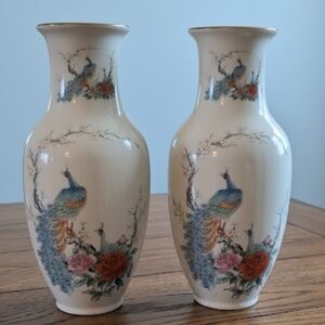 Vintage Japanese Porcelain Peacock & Peony Baluster Vases. Set Of 2